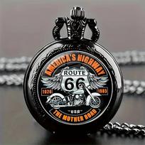 Exquisite and trendy Route 66 pocket watch necklace pendant accessory flip retro quartz pocket watch medium size juoda