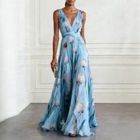 Women's Light Blue Tulip Print Deep V Neck Sleeveless Maxi Dress S mėlyna