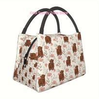 [Hand Washable Lunch Bag] Polyester Hand Washable Lunch Bag with Animal Cow & Floral Pattern - Portable Reusable Insulated Lunch One Size white