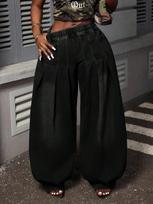 Women's Elastic High Waist Wide Leg Jeans Pleated Vintage Washed Baggy Denim Pants Plus Size Casual Lantern Trousers Streetwear 0XL juoda