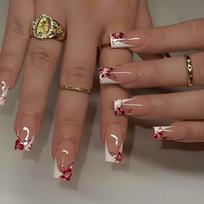 24Pcs Mid Length Square Press On Nails White French Floral Design Simple Detachable Full Cover Fake Nail Tips brown