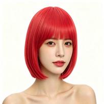 Cosplay Vibrant Bob Wig Fluffy Short Straight Bob Hair  for Graduation Celebrations raudona