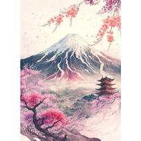 Mount Fuji Cherry Blossoms Wall Art Picture Japanese Landscape Poster Canvas Painting Print  Home Room Decor Aesthetic Mural 21cm×30cm NoFrame gray