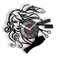 Comb Scissors Hair Dryer Beauty Salon Wall Clock Hairdresser Vinyl Record Clock Vintage Barber Wall Sign Haircut Wall Art Gift gray