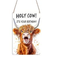 2D Flat  Holy Cow! It's Your Birthday!  Highland Cow Metal Sign - 8x12 Inch Aluminum Funny Birthday Wall Decor, Easy Install with Pre-Drilled Holes 20*30cm brown