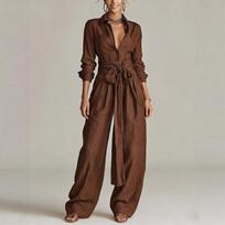 Women's Point Collar Long Sleeve Jumpsuit Loose Fit Belted Waist Vintage Casual Wide Leg Jumpsuit S tamsiai ruda spalva