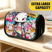 Double Layer Large Pencil Case, Vibrant Printed Pencil Pouch with Bunny Street Pop Collage Design, Fashion Storage Bag, Portable Pencil Case with Zipp 20x9x11cm yellow