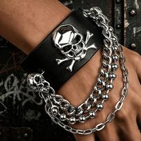 European and American Punk Skull Cross Bone Wide Leather Bracelet Multi-layer Round Bead Thick Chain Fringed Adjustable Bracelet Style 1 juoda