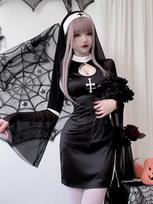 Women Halloween Sexy Nun Cosplay Costume Vampire Cross Dark Gothic Style Black Nun Dress With Headwear Carnival Roleplay Clothes Xl gray