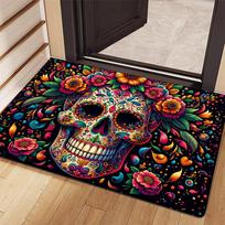 Vibrant Non-Slip Sugar Skull Door Mat Flannel Floor Mat for Kitchen Living Room Bedroom Laundry Bathroom Day of The Dead Decor 40X60CM