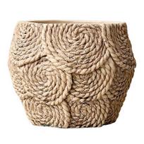 Rustic Porch Planter Cement Flower Pot, Boho Plant Pot with Drainage Hole, Handcrafted Rope Texture for Indoor Outdoor Plants, Garden Decor chaki