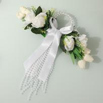 Pearl Ring Hand Bouquet White Artificial Rose Tulip Bride Holding Flower Wedding Photo Prop With Long Ribbon Tassel žalia