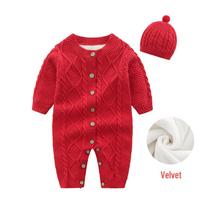 Wool Knitted Baby Onesie with Fleece Lining - Winter Crawling Suit for 100-Day or First Birthday 59 cm red