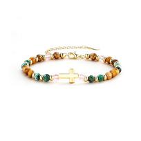 New 4mm Beaded Stainless Steel Cross Lobster Clasp Adjustable Ladies Bracelet 9 beige