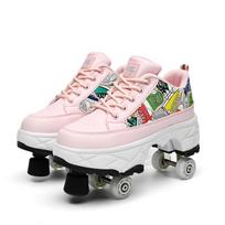 Convertible Ice & Roller Skates - Low Top Double-Row Speed Skating Shoes with Four Wheels & Laces. 35 white