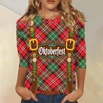 Women's Casual 3/4 Sleeve Oktoberfest Print T-Shirt Round Neck Lightweight Soft Fabric Comfortable Fit L red