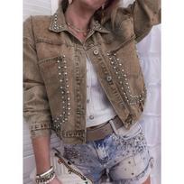 Women's Point Collar Long Sleeve Denim Jacket Slim Fit Streetwear Rhinestone Studded Outerwear Coat XL šviesiai ruda spalva