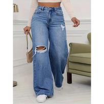 Women's Jeans Denim Pants Wide Leg Vintage Distressed Ripped Trousers 2026 Streetwear Washed Pockets Floor Length Hole Jeans XS mėlyna