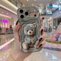 Grey Fluffy Teddy Bear Lucky Rhinestone Wavy Edge Phone Case For iPhone 17 16 15 14 13 12 11 8 7 Plus Pro Max Soft Cover gray