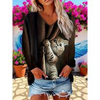 Naughty kitten print T-shirt fashionable spring and autumn women's V-neck top new long-sleeved pullover S black