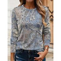 Women's T-shirts Casual Long Sleeve Tops Vintage Paisley Graphic Tees Shirts Blouse O-neck Fall Winter Streetwear Pullover XL gray