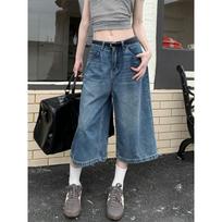 Women's High Waist Wide Leg Cropped Jeans American Vintage Straight 7/8 Denim Capris Plus Size Loose Draped Denim Culottes Summer Non Stretch Jeans XS gray