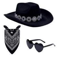 Adult western cowboy hat silver round diamond edging cowboy hat with square scarf glasses set One Size juoda