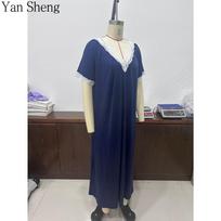 Women Nightgown,Knitted Short Sleeve Sleep Dress V‑Neck Backless Lace Cuff Mid‑Length Loungewear For Home Sleeping S mėlyna