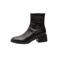 Cowhide version square head leather thick heel short boots small ankle boots women's autumn and winter new medium and high heel elastic thin boots 34 black