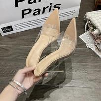 Fashion New Summer Transparent PVC Pointy Stiletto Heels for Women Indoor Sapatilas Mujer Simple Party Single Shoes Zapatos De Mujer 34 smėlis