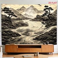 Large Japanese Sumi-e Mountain River Landscape Tapestry Wall Hanging Black and White Art for Living Room Decor Home Poster 100X70CM gray