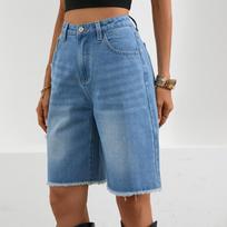 Women's Low Rise Wide Leg Five‑Point Denim Shorts Street Style Frayed Edge Five‑Point Denim Shorts S šviesiai mėlyna spalva