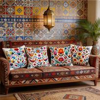 4Pcs Vibrant Mexican Folk Art Throw Pillow Covers - Red/Blue, Polyester, No Insert Included - Perfect For Sofa, Bed, Car Peach skin 18*18(CM)-4Pcs gray