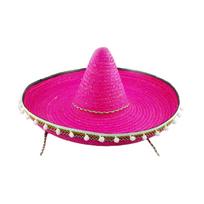 Mexicanos Party Hat with White Pompoms for Fiesta Carnivals Unisex Straw Hat pink