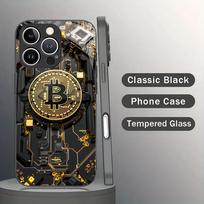 Bitcoin pattern tempered glass phone case suitable for iPhone 17 16 15 14 13 12 11 Pro/Max/Plus anti drop and shockproof iPhone 16ProMax