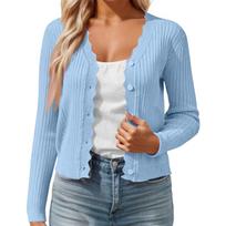 Women's Color Casual Cardigan With V-neck Thin Short Knit Jacket L blue