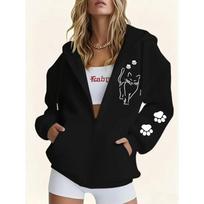 Women's Casual Zip Hoodie, Printed Kitten Sweatshirt XL black