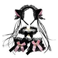Cat Ear Shape Hairhoop Choker/Lace Cuffs/Tail Halloween Cosplay Tools for Girls black