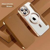 Electroplated Flip Leather Case for iPhone 16 15 14 13 12 11 Plus Pro Max for Magsafe Wireless Charging Protection Luxury Cover For iPhone 15 Pro brown