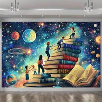 2D Kids Book Galaxy Backdrop Banner - Magical Reading Space Photo Background 70.9x43.3inch/180*110cm blue