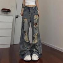 Loose Broken Hole Jeans Women Big Yards Autumn Vintage High-waisted Thin Dragging Broad-legged Long Trousers Jeans for Women Long Denim Pants XS gray