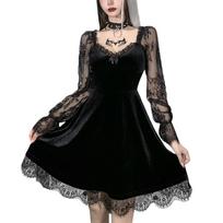 Fashion Women's Bandeau Long-sleeved Solid Color Dark Gothic Sexy Lace Stitched Dress S juoda