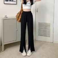 Women's High Waist Flare Pants Loose Straight Leg Long Trousers Split Hem Elastic Waist Lightweight Drapey Casual Suit Pants Summer Wide Leg Pants S juoda