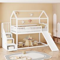 Children's Bunk Bed 90*200 cm, Loft Bed, with Slide and Storage Ladder, High Fence Construction, Solid Wood Bed Frame, Slatted Frame, White 253 x 95 x 206.7 cm balta