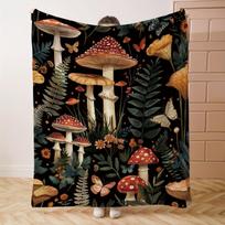 Autumn Forest Flannel Throw Blanket Vibrant Mushroom, Plant Butterfly Design, Soft Cozy All-Season Home Decor, Lightweight Durable Polyester, Easy Car 75X95CM brown