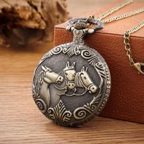 10 Pcs/Lot Wholesale Steampunk Quartz Pocket Watch Vintage Men's Women's Carved Horse Case Necklace Pendant Clock Chain Gifts gray