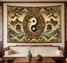 Chinese Dragon Yin Yang Tapestry 2D Flat Printing Tai Chi Feng Shui Wall Hanging for Living Room Bedroom Asian Style Home Decor 100X70CM brown