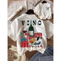 VINO Vyno ir maisto grafinis medvilninis moteriškas retro margintas marškinėlis minkštas apvalia iškirpte trumpomis rankovėmis viršus vintage madingas gatvės stilius L balta