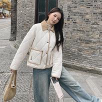 Winter Women's Embroidered Teddy Bear Splicing Lapel Short Cotton Jacket S-XL XL juoda