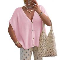 Women's Short-sleeved V-neck Cardigan Loose -sleeved Knitted Vest -Color Button Sweater Top S rožinė